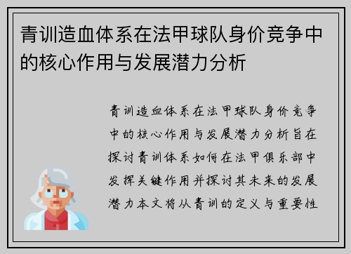 青训造血体系在法甲球队身价竞争中的核心作用与发展潜力分析